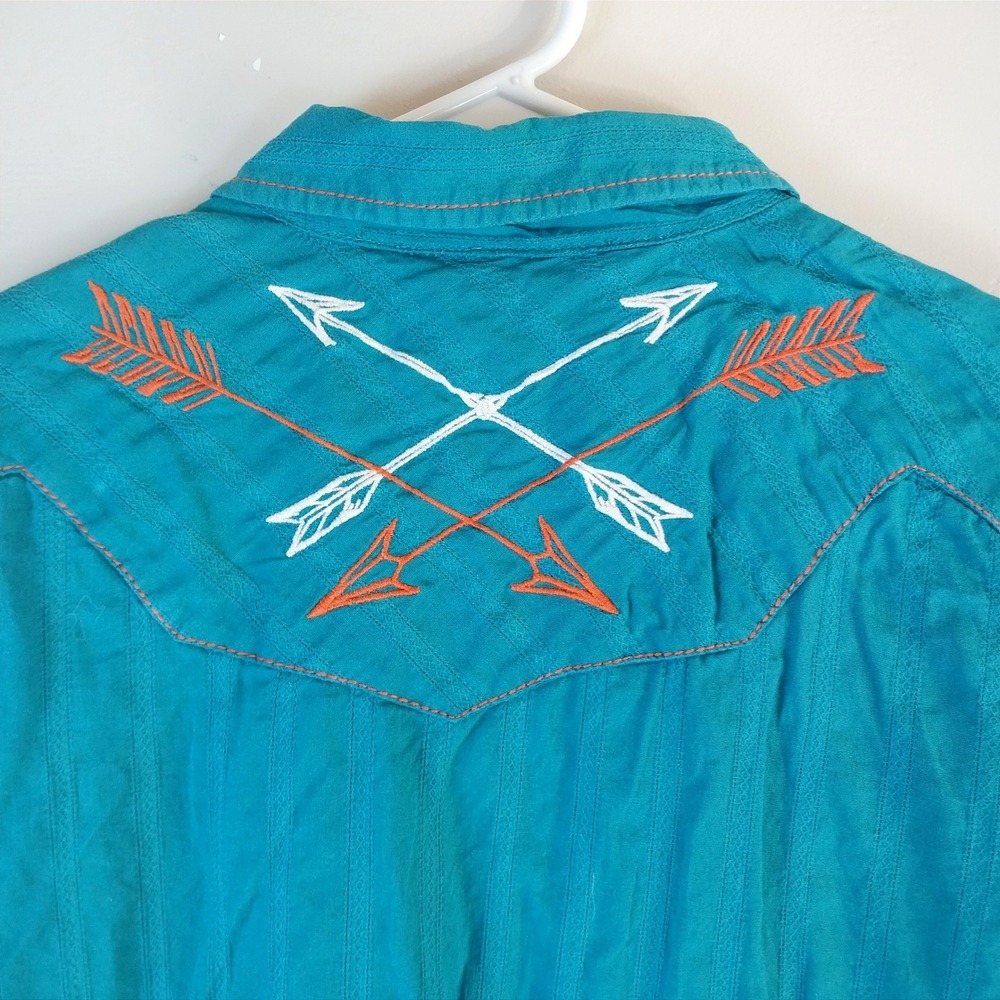 Ariat Womens XL Teal Cotton Arrow Embroidered Western Snap Shirt Fitted Country - Picture 6 of 7